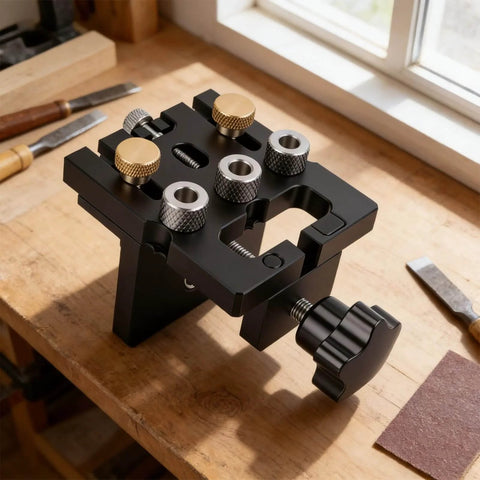 3 In 1 Woodworking Drill Locator And Self Centering Doweling Jig For Cabinet And Furniture Assembly With 6Mm 8Mm 10Mm Drill Adapters on workbench