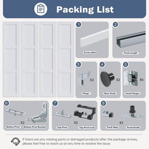 White Bifold Sliding Interior Closet Doors For 72 By 80 Inch Opening, 3 Panel Barn Door Slab With 6 Foot Concealed Hardware Kit