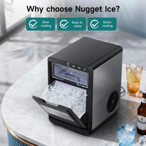Professional Heavy Duty Countertop Nugget Ice Maker Cranks Out Soft Chewable Pebble Ice Fast With 44 Pounds Daily Output And Large Storage Bin for home use.