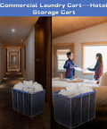 Commercial Laundry Cart Wheeled Large Capacity 400L Heavy Duty Stainless Steel Laundry Sorter in hotel corridor and bedroom.