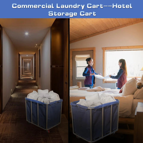 Commercial Laundry Cart Wheeled Large Capacity 400L Heavy Duty Stainless Steel Laundry Sorter in hotel corridor and bedroom.