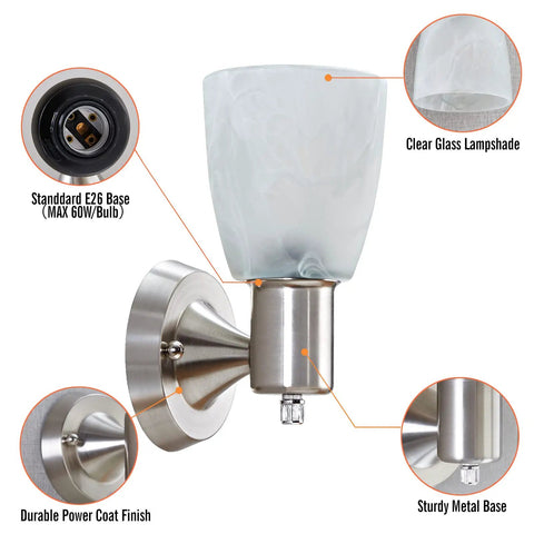 Turn Up The Vibe With This Set Of Two Modern Wall Sconces Brushed Nickel Vanity Lights featuring E26 socket and frosted glass shade.