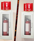 No Sweat Flush Install Heavy Duty Recessed Fire Extinguisher Cabinet Solid Steel Wall Box with clear view and bold sign.