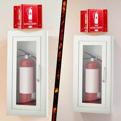No Sweat Flush Install Heavy Duty Recessed Fire Extinguisher Cabinet Solid Steel Wall Box with clear view and bold sign.