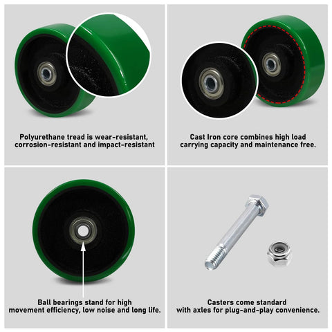 4 Inch Caster Set Of 4 Replacement Wheels With Polyurethane Tread On Cast Iron Cores Ball Bearings 3/8 Inch Bore