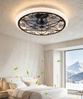 Arranmorelighting Caged Ceiling Fan with Lights Remote Control (#3) in rustic room with modern decor and mountain view.