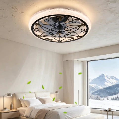 Arranmorelighting Caged Ceiling Fan with Lights Remote Control (#3) in rustic room with modern decor and mountain view.