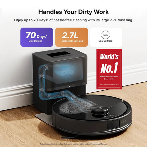 Smart Robot Vacuum and Mop With 10,000 Pa Suction, 70 Days Self Emptying, shown in docking station, black model