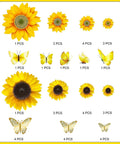 39 Piece 3D Sunflowers And Butterflies Wall Decals Set With Gold Accents displayed with individual counts of sunflowers and butterflies.