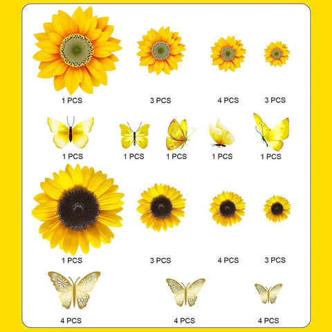 39 Piece 3D Sunflowers And Butterflies Wall Decals Set With Gold Accents displayed with individual counts of sunflowers and butterflies.