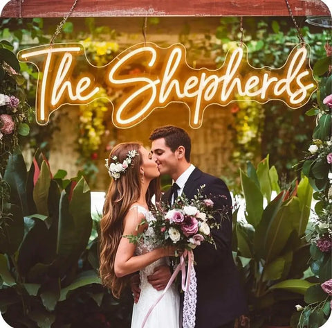 Custom Neon Sign LED Light Up Name Sign Personalized For Weddings Bars Salons And Businesses Lit Name Decor For Events Birthdays And Parties Unique Gift featuring 'The Shepherds' at a wedding backdrop.