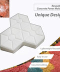 White ABS concrete paver mold with maple leaf design, labeled as reusable and easy to use; used for making garden paths.
