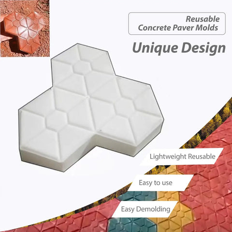 White ABS concrete paver mold with maple leaf design, labeled as reusable and easy to use; used for making garden paths.