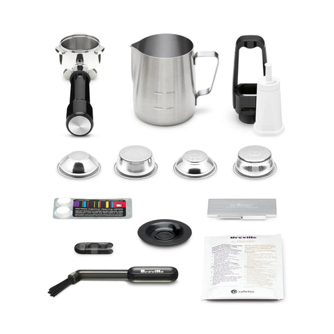 Certified Remanufactured Automatic Espresso Machine With Built In Grinder And Steam Wand Knocking Out Next Level Cafe Brews At Home With Rock Solid Pressure Tuning And Quick Warmup For Rich Bold Shots Daily accessory set including milk pitcher, portafilter, and cleaning tools.