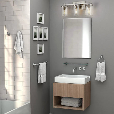 Three Light Vanity Lights In Brushed Copper Over Mirror With Clear Glass Shades For Bathroom Renovation Modern Farmhouse Rustic Chic Glow
