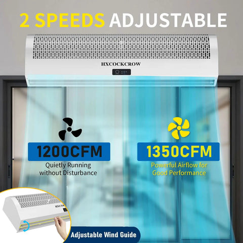 36 Inch Wall Mounted Air Curtain For Commercial Doors With Magnetic Switch, adjustable speeds, energy-saving airflow at 1200CFM and 1350CFM.