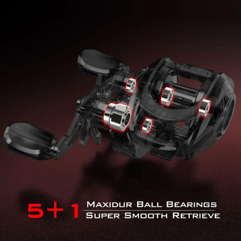 Brutus Baitcasting Fishing Reel With Graphite Frame And 7.2 To 1 Gear, 5 Plus 1 Shielded Bearings featured on dark background