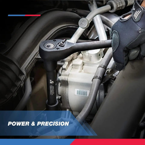 Mechanic using 1/2 Inch Impact Socket Set with 45 Pieces Deep And Shallow, Metric Sizes 9mm to 32mm, Chrome Vanadium Steel, in engine bay