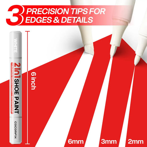 2 Pack White Shoe Polish Marker For Midsoles And Stains with 3 precision tips in sizes 6mm, 3mm, 2mm, 6 inches tall.