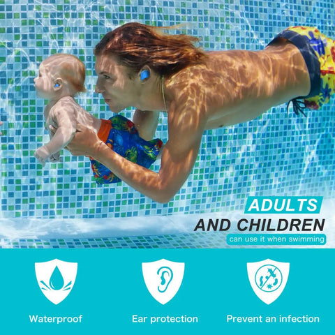 Custom Moldable Silicone Ear Plugs For Sleep And Travel in use by adult and child while swimming