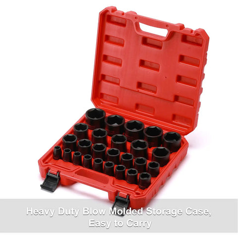 Half Inch Drive Impact Socket Set Metric Shallow 10mm To 36mm With Cr-Mo Alloy Steel in red carrying case open view