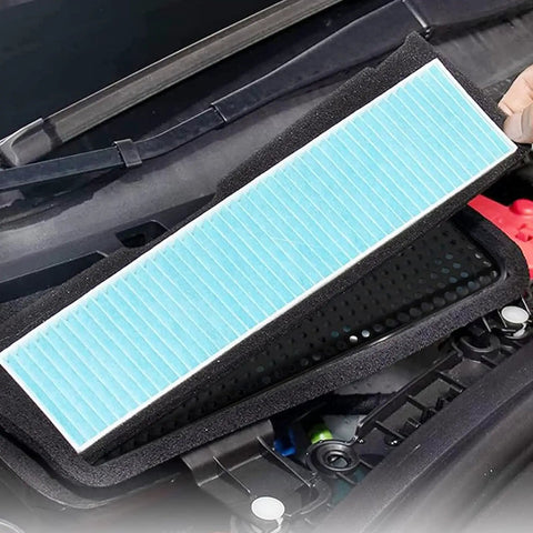2 Pack HEPA Air Filter Replacement Kit For Model 3 Tesla Cabin Filter set shown installed in vehicle with intake protector cover