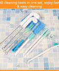 Ten Piece Ice Maker Cleaning Brush Set with Scrub Sponge and Bendable Elbow Right Angle and Pipe Brushes displayed on tiled surface