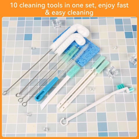 Ten Piece Ice Maker Cleaning Brush Set with Scrub Sponge and Bendable Elbow Right Angle and Pipe Brushes displayed on tiled surface