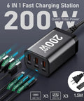 Ultra Fast 200W GaN USB C Charger Station With 6 Ports PPS PD 100W Type C Wall Charger Quick Charge Desktop All In One Power Hub