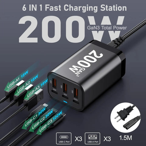 Ultra Fast 200W GaN USB C Charger Station With 6 Ports PPS PD 100W Type C Wall Charger Quick Charge Desktop All In One Power Hub