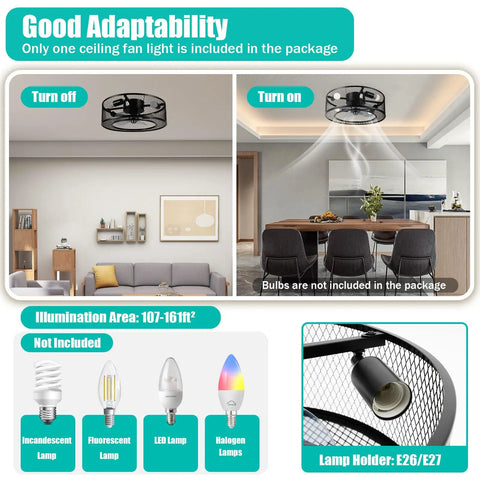 Ceiling Fan Light 18 Inch 3-Setting 40W Modern Mount for Living Room, featuring adaptability, adjustable design, and E26/E27 lamp holder.