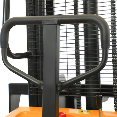 KAIXUN Semi Electric Pallet Stacker 2200Lbs Capacity 118Inch Lift Height adjustable manual steering handle and control lever detail.