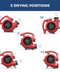 600 CFM Air Mover Blower Fan For Industrial, Workshop And Home Use With 5 adjustable angles shown including 45, 90, 0, 10, -10 degrees.