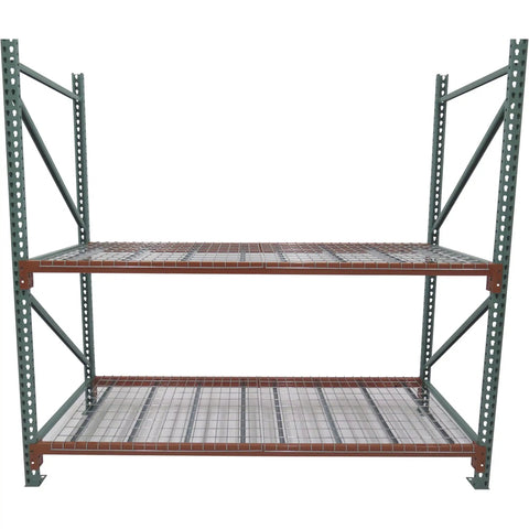 Rock Solid Teardrop Pallet Rack Frame 42 By 240 Inches Single Unit with mesh shelves for heavy inventory storage.