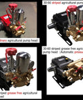 Rugged Heavy Duty Workhorse Three Cylinder Piston Pump For High Pressure Spraying And Smooth Water Transfer Equipped With Auto Relief Valve For Daily Yard Work, showcasing four agricultural pump heads.