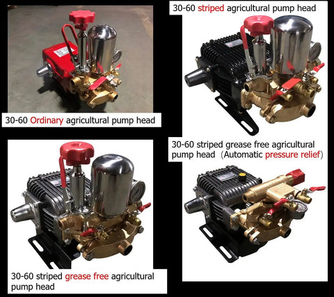 Rugged Heavy Duty Workhorse Three Cylinder Piston Pump For High Pressure Spraying And Smooth Water Transfer Equipped With Auto Relief Valve For Daily Yard Work, showcasing four agricultural pump heads.