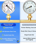 Two 2-inch stainless steel vacuum/pressure gauges with brass fittings on copper tubing; left gauge branded Meanlin.