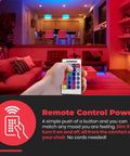 Led Color Changing Light Bulb With Remote Control 16 Color Options And Modes in living room setting, dim lighting effect visible