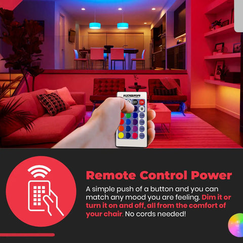Led Color Changing Light Bulb With Remote Control 16 Color Options And Modes in living room setting, dim lighting effect visible