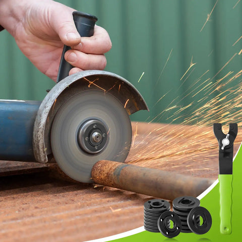 Beefy Angle Grinder Nut And Wrench Replacement Kit With Rigid Flange Spanner and secure locking hardware in use with sparks flying.