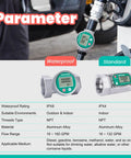 Table comparing 2 Inch Waterproof Turbine Water Flow Meter With NPT Thread 16 to 160 GPM and standard model, highlighting IPX8 ratings.