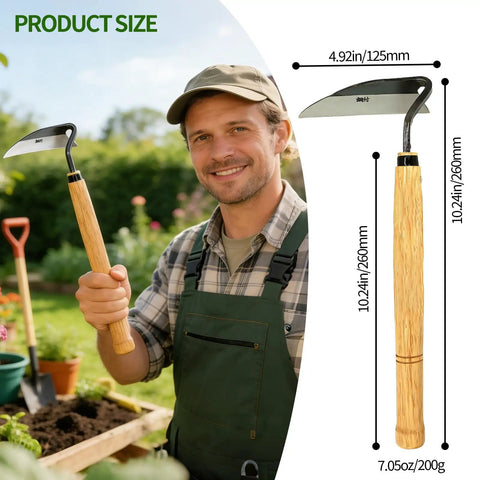 Man holding Japanese Garden Hand Hoe Sickle For Right Handed Use High Carbon Steel Blade Tough Dope Weeding Tool next to product chart.
