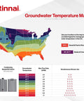 Groundwater temperature map USA showing Rinnai Condensing Model:RSC160i/e 160k BTU details for optimal water heating.