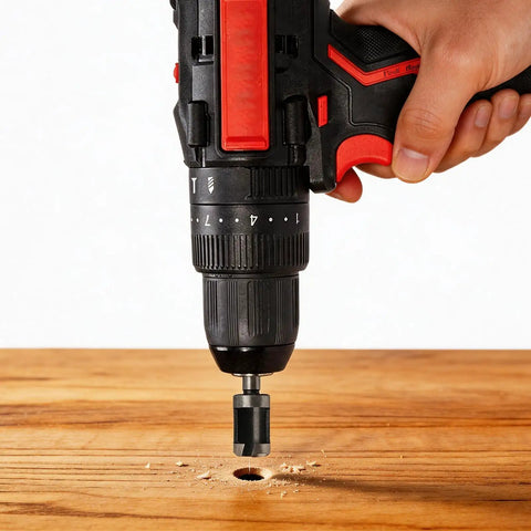 Hand using an electric drill with a wood plug cutter bit on a wooden surface, demonstrating Eight Piece Wood Plug Cutter Drill Bit Set Delivering Smooth As Butter Coverage For Furniture Maintenance And Trim Repairs.