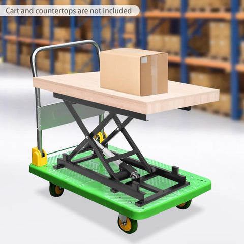 Built Like A Tank Electric Scissor Lift Table With Hella Sturdy Three Hundred Fifty Pound Capacity Smooth Hydraulic Platform at an angle with a cardboard box