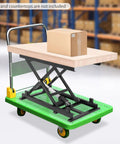 Heavy Duty Electric Lift Table Platform Cart 350 Pound Capacity Adjustable Height Range with box on spacious wooden surface.