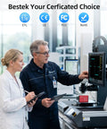 Two professionals in a lab analyzing data with a monitor displaying certifications for the Premium Tailgate Ready 150W Car Power Inverter With Dc To Ac Converter 30W Usb C Fast Charge Plus 18W Usb A Port Quick Hookup Road Warrior Adapter.