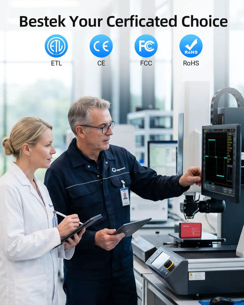 Two professionals in a lab analyzing data with a monitor displaying certifications for the Premium Tailgate Ready 150W Car Power Inverter With Dc To Ac Converter 30W Usb C Fast Charge Plus 18W Usb A Port Quick Hookup Road Warrior Adapter.