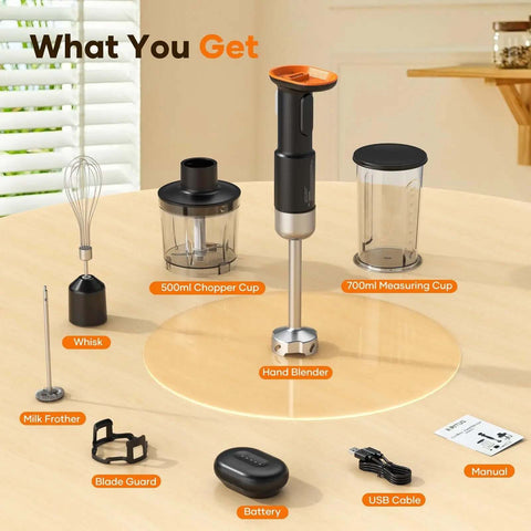 Cordless Immersion Blender With Removable 6000mAh Battery And Magnetic Fast Charging 5 In 1 Hand Mixer display on a wooden table.