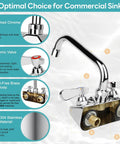 Leak Free Heavy Duty Commercial Kitchen Sink Faucet With 4 Inch Center And 10 Inch Swivel Spout Two Hole Wall Mount Brass Construction